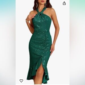 NWT Halter Sequin Dress Sleeveless Midi Cocktail Party Bodycon Split Mermaid
